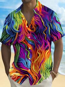 Retro Rock Music Ombre 3D Digital Print Button Pocket Short Sleeve Shirt For Men - Multicolor - View 2