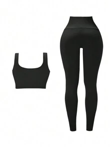 Bộ đồ thể thao 3 món dành cho nữ, làm từ vải dệt kim mềm mại, quần cạp cao và áo ngực thể thao, áo khoác lưới trong suốt dài tay (không kèm phụ kiện) - màu đen - Xem 2