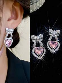 1 Paar rosa herzförmige, süße Schleifenohrringe, elegant für Frauen, Braut Hochzeits-Accessoires, Schmuck für Mädchen Abschlussball Partys