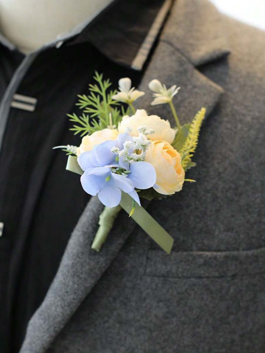 4Pcs Artificial Flower Wrist Corsage Flowers Or Boutonniere Handmade Bride Hand Flower Men Boutonniere For Wedding Party Prom Decorations - 藍色 - 查看 1