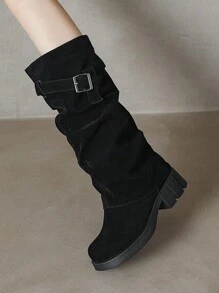 Giày bốt đế dày cao đến giữa bắp chân dành cho nữ, giày bốt cao gót xếp ly màu hạt dẻ, ấm áp cho mùa đông - màu đen - Xem 4