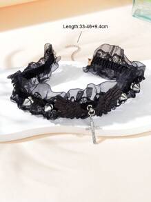 1 件哥特式朋克摇滚尖刺装饰黑色蕾丝纹身颈链吊坠项链女士夜店派对珠宝 - 黑色 - 查看 4