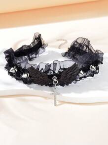 1 件哥特式朋克摇滚尖刺装饰黑色蕾丝纹身颈链吊坠项链女士夜店派对珠宝 - 黑色 - 查看 2