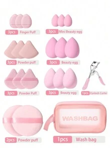 15/20/22/30/46件套化妆工具套装，包含：1个多功能拉链防水化妆包+18支化妆刷+6个化妆海绵+3个迷你化妆海绵+3个三角粉扑+3个迷你气垫粉扑+1个化妆刷清洁工具+1个发圈+2个手碗挂绳+1个睫毛夹+3个气垫粉扑+2个圆形粉扑。 - 彩色 - 查看 15