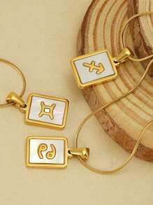 1 件时尚流行贝壳十二生肖方形吊坠项链女生精致星座锁骨链颈链日常装饰 - 彩色 - 查看 2