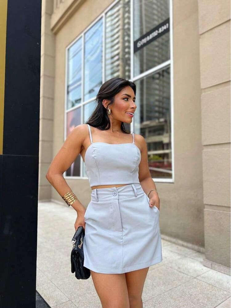 Women's Set With Cropped Top, Vest With Padded Cups And Straps And Short Skirt In Dominique Fabric - Light Grey - View 4