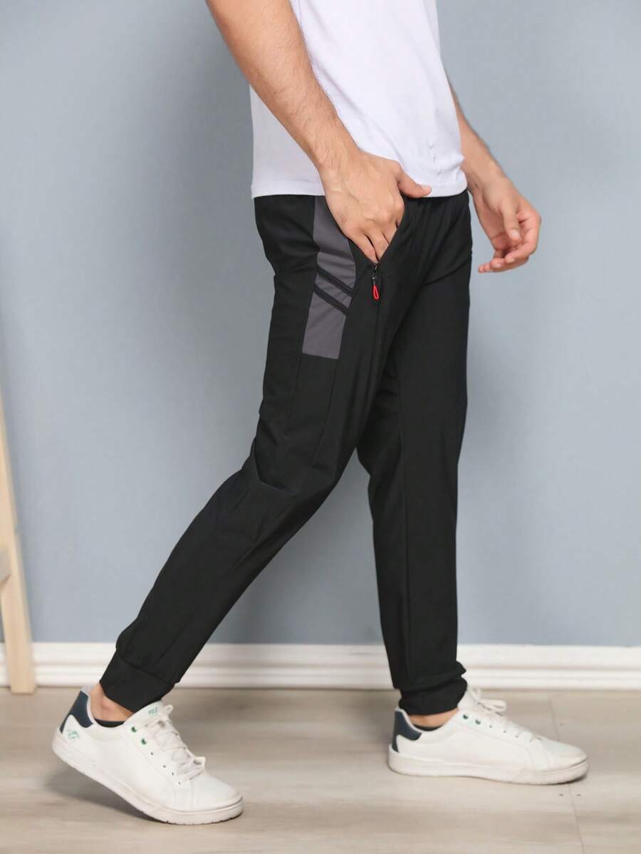 Running Men Drawstring Waist Zipper Pocket Sports Pants Imported Quick-Drying Fabric - 黑色 - 查看 1