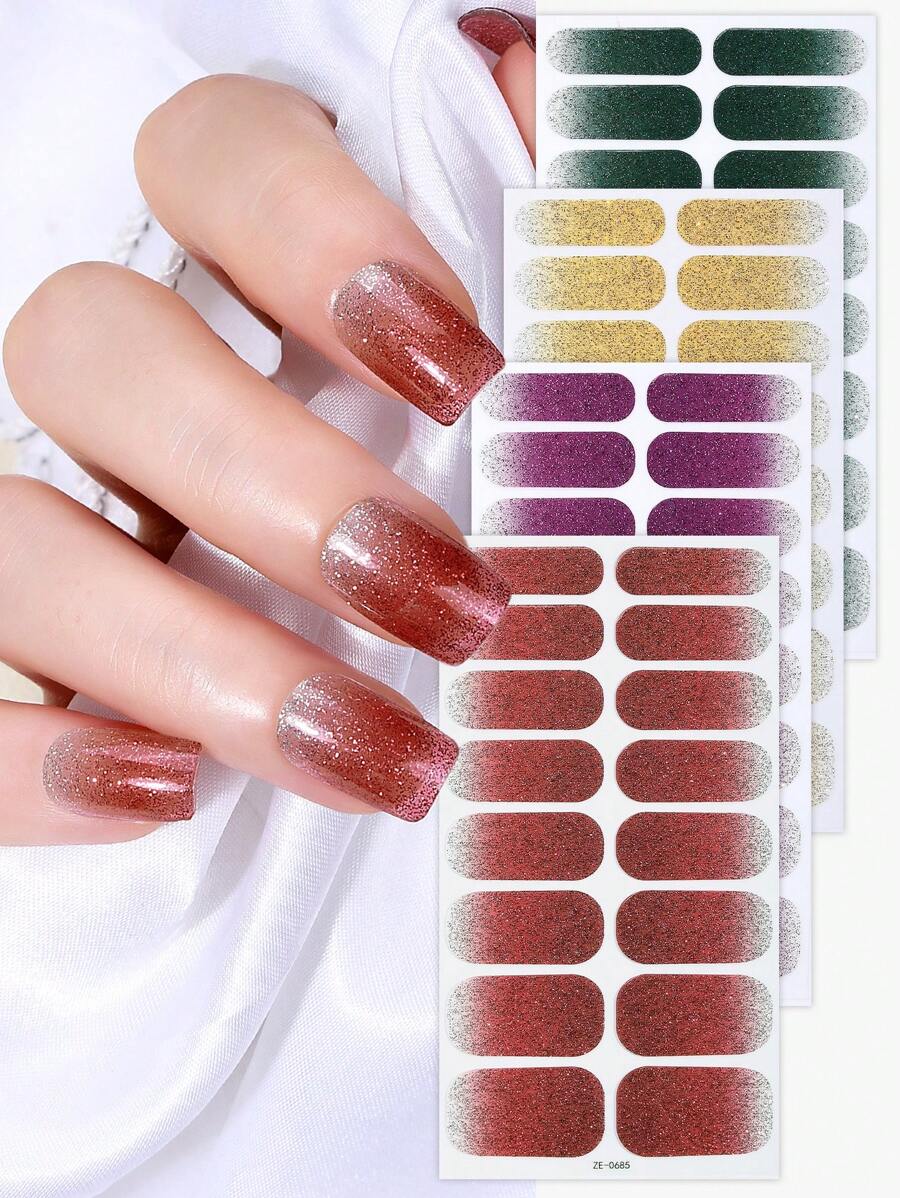 Beauty Sticker 64 件装指甲全包裹指甲油条，冬季红色指甲闪光渐变自粘指甲贴纸，适合女性家庭 DIY 自用美甲用品美甲套装