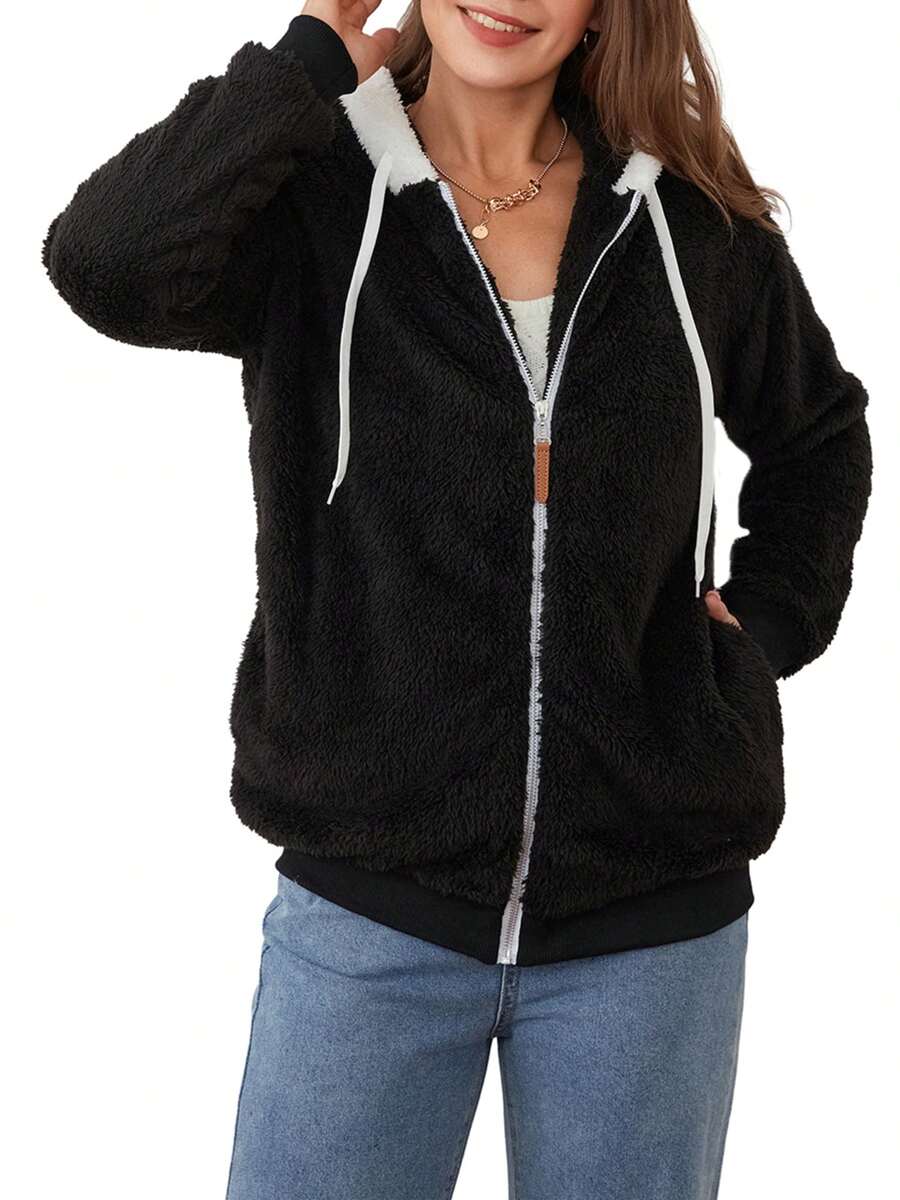 Womens Winter Fuzzy Hood Coat, Long Sleeve Front Zipper Fleece Outwear Loose Warm Jackets