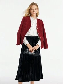 GOELIA V-Neck Single-Breasted Tweed Women Jacket,Women's Red Christmas Tweed Elegant Jacket,Short Coat Suitable For Autumn And Winter - Burgundy - View 2