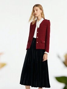 GOELIA V-Neck Single-Breasted Tweed Women Jacket,Women's Red Christmas Tweed Elegant Jacket,Short Coat Suitable For Autumn And Winter - Burgundy - View 4