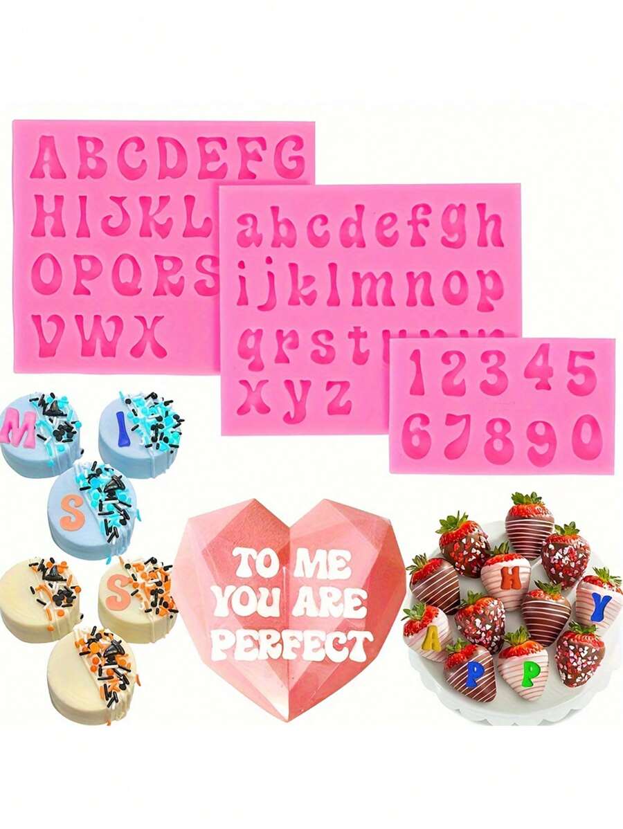 Bộ 3 khuôn silicon hình chữ cái và số, khuôn kẹo sô cô la hình chữ cái và số hoạt hình 3D, thích hợp để trang trí bánh DIY, làm bánh, dụng cụ nhà bếp, đồ dùng nhà bếp gia đình.