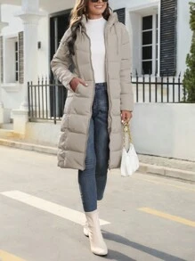 Women's Long Puffer Jacket Autumn Winter Warm Quilted Coat Long Sleeve Zip Up Jacket Fall Outerwear With Hood Streetwear Y2K Long Cardigan Hoodies - 卡其色 - 查看 5