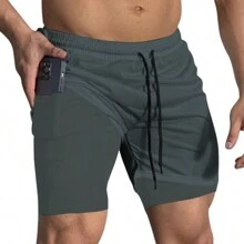 Kit 3 Dry Fit Thermal Training Shorts 2 In 1 With Cell Phone Pocket And Towel Holder Fitness Gym Shorts - 灰色 - 查看 2