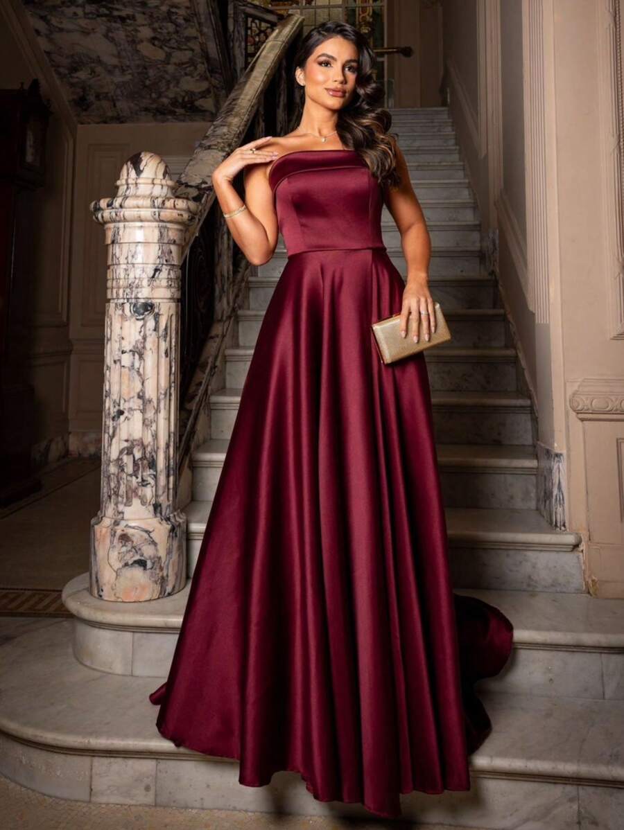 LONG DRESS FOR WEDDING PARTY BRIDESMAID GRADUATES STRAP-ON - Redwood - View 1