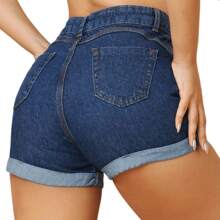 Women's Hot Pants Premium High Waisted Denim Shorts With Butt Lifting Elastane. - 寶藍色 - 查看 2