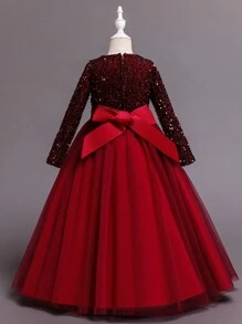 Tween Girls' Sequin Contrast Mesh Formal Birthday Party Dress, Princess Gown Suitable For Stage Performance, Piano Recital - Red - View 3