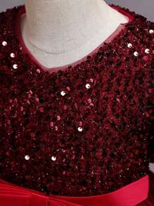 Tween Girls' Sequin Contrast Mesh Formal Birthday Party Dress, Princess Gown Suitable For Stage Performance, Piano Recital - Red - View 6