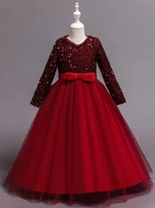 Tween Girls' Sequin Contrast Mesh Formal Birthday Party Dress, Princess Gown Suitable For Stage Performance, Piano Recital - Red - View 4