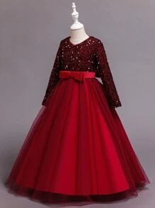 Tween Girls' Sequin Contrast Mesh Formal Birthday Party Dress, Princess Gown Suitable For Stage Performance, Piano Recital - Red - View 5