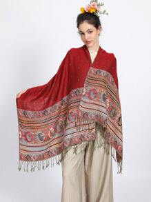 1pc Plain Jacquard Pattern Scarf With Silver Thread Ends, Versatile All-Match Warm Scarf For Winter - Red - View 3