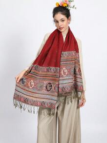 1pc Plain Jacquard Pattern Scarf With Silver Thread Ends, Versatile All-Match Warm Scarf For Winter - Red - View 5