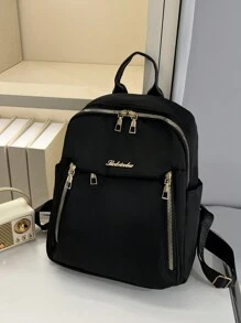 1 件黑色金属拉链尼龙背包，时尚百搭休闲运动大容量背包，适合女性、学校、旅行、约会 - 黑色 - 查看 4