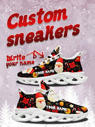 Sneakers personalizzate con nome natalizio per uomo, sneakers leggere e morbide con design natalizio e nome personalizzato, adatte per palestra, allenamento, tennis, regalo di Natale per mamma/papà/lei/lui/fidanzata/fidanzato/moglie/marito/amico