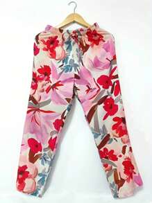 印花高腰休闲裤，百搭女士百搭长裤，夏季女装 - 紅色 - 查看 2