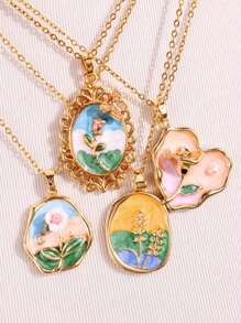 1pc Vintage-Inspired Women Jewelry Asymmetrical Pendant Necklace With Pearl, Rose Flower, Wheat Spikes & Colorful Floral Painting Design Valentines,Mom,Mother,Mother's Day,Gift - Multicolor - View 9