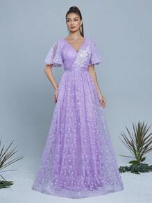 Anpoke V领刺绣蕾丝晚礼服、婚礼宾客礼服、派对礼服、正式礼服、长袍 - 紫色 - 查看 3