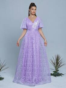 Anpoke V领刺绣蕾丝晚礼服、婚礼宾客礼服、派对礼服、正式礼服、长袍 - 紫色 - 查看 4