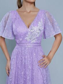 Anpoke V领刺绣蕾丝晚礼服、婚礼宾客礼服、派对礼服、正式礼服、长袍 - 紫色 - 查看 6