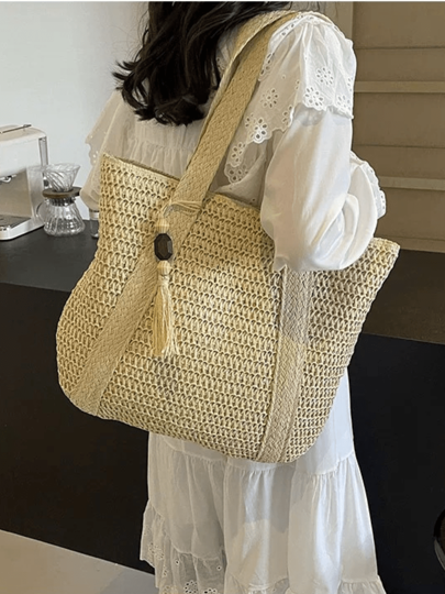 Bolsa de Palha Decorada com Borlas, Tamanho Grande, Perfeita para Viagens de Verão, Essencial de Verão, Bolsas Femininas para Férias, Escola, Grande Capacidade, Portátil, para Adolescentes, Mulheres Universitárias, Trabalhadoras de Escritório, Perfeita para Trabalho, Volta às Aulas, Ensino Médio, Faculdade, Férias e Praia