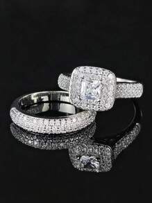 Bộ nhẫn cưới sang trọng Moonso dành cho cô dâu, cô gái và phụ nữ, trang sức đôi R3400 - Bạc - Xem 14