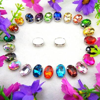 Oval Elliptical Shape Glass Non-AB Normal Colors Fancy Ellipse Shiny Handmade Sliver Gold Metal Claw Base, Sewing Crystal Hand Sewn Rhinestone Decoration Beads Flat Back With Holes Gems DIY Accessories Sew On Stones Strass For Decorating Clothes, Dress, Bags, Shoes, Brooches, Earrings, Handicrafts.