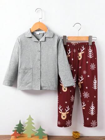 2 件套儿童男童圣诞鹿和雪花全身印花纽扣口袋长袖上衣和裤子睡衣套装，秋冬