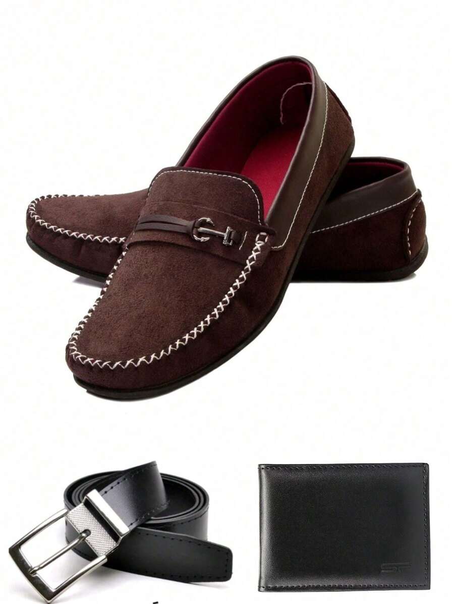 KIT Hand-Stitched Men's Moccasin Shoe + Wallet + Belt - 咖啡棕 - 查看 1
