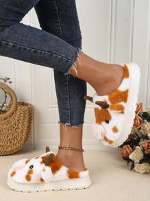 Dép lông mềm mại đế dày chống trượt đàn hồi cao hình con bò nhỏ dễ thương cho gia đình và ngoài trời - Rỉ Nâu - Xem 3