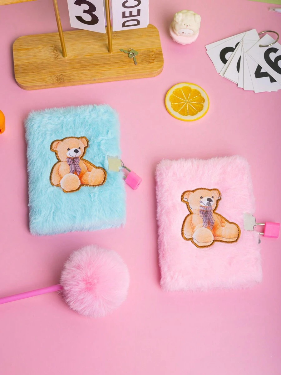 A6 Embroidered Bear Plush Notebook With Lock 1 Student Diary Book, Girls Magazine, Boys And Girls Gift Book 80 Inner Pages Two Styles To Choose From - Multicolor - View 1