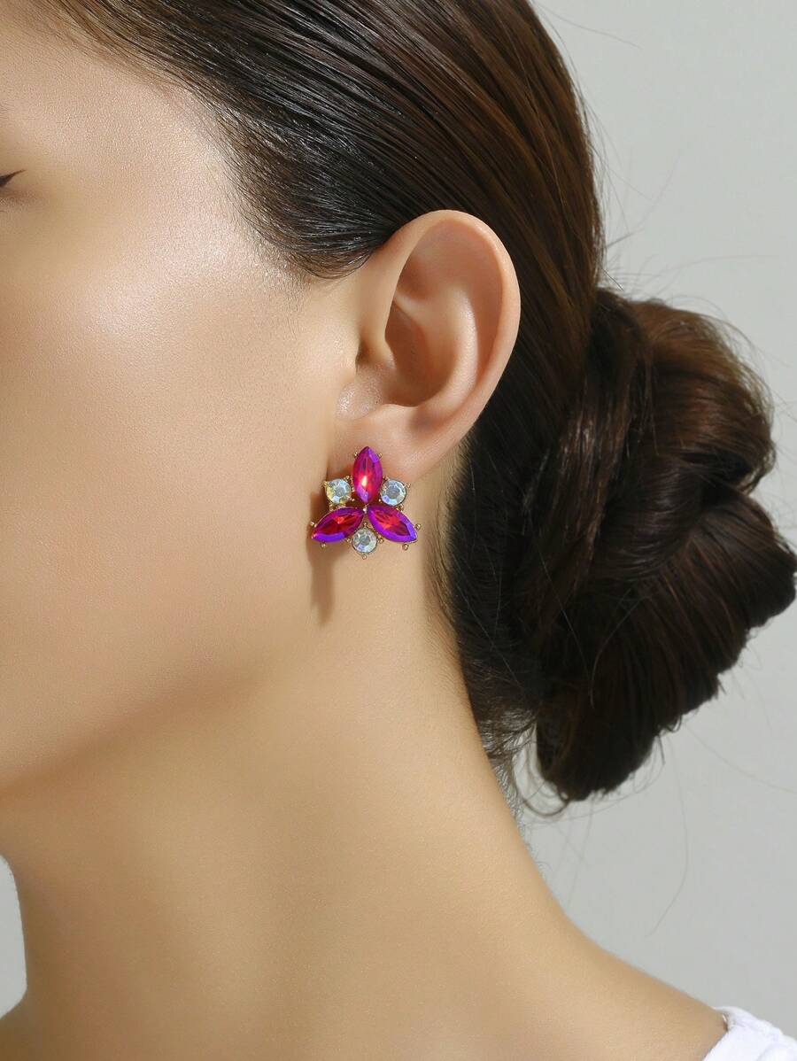 1 对时尚精致甜美热粉色玻璃花卉耳钉，适合女士聚会约会日常佩戴时尚珠宝配饰女孩礼物 - 彩色 - 查看 1
