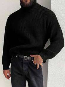 男士时尚休闲百搭宽松黑色高领毛衣 - 黑色 - 查看 3