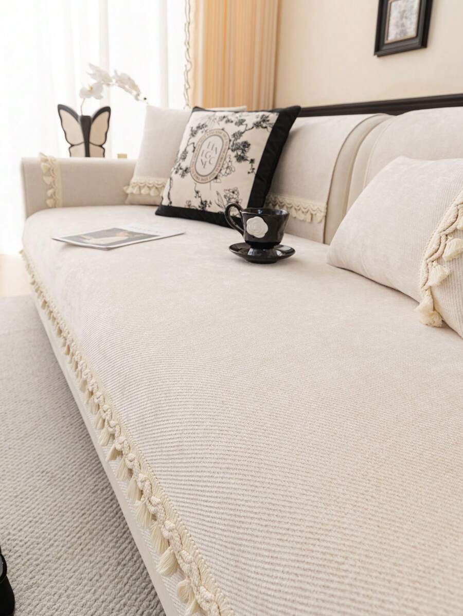 1 szt. Jednokolorowy pokrowiec na sofę Chenille, wzór z frędzlami, prosty styl pokrowca na sofę, lekki luksusowy luksusowy antypoślizgowy, zwierzęta domowe/kurz, uniwersalny pokrowiec na sofę do salonu/sypialni na 4 pory roku