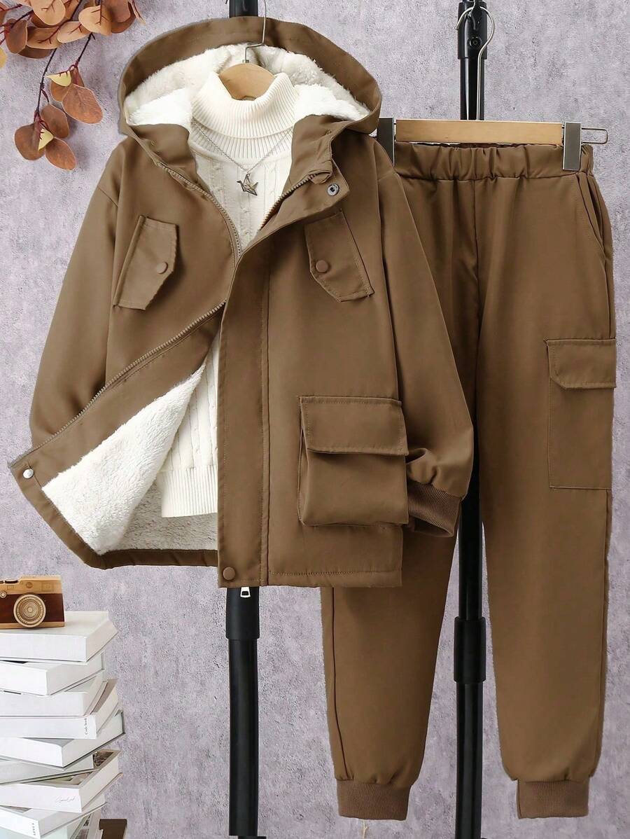2pcs Tween Boys Casual Thermal Lined Hooded Jacket And Cargo Pants Set, Winter Outfit - Apricot - View 1