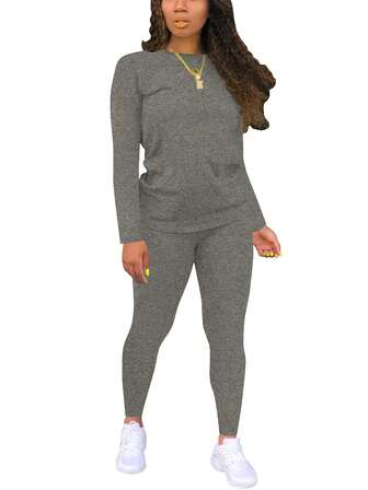 Women's Solid Color Round Neck Long Sleeve Top And Skinny Pants Sports Set, Spring & Autumn