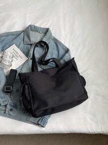 2024 新款韩版学院风多口袋书包大容量男女通用手提包带零钱包透明口袋设计百搭休闲斜挎包中号帆布包透明 PVC 口袋缓解疼痛包书包，返校包便携大容量适合少女、女大学生，非常适合返校、大学、初中、高中、街头和日式风格女士包包，时尚拉链手提包 - 黑色 - 查看 7