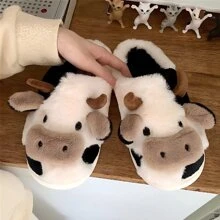 1 Pair Cute 2024 Winter Fluffy House Cow Slippers, Personalized Cartoon Animal Design Soft Comfy Bedroom Slippers, Autumn And Winter Fuzzy Warm Household Slippers - Black and White - View 5