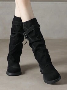 Giày bốt đế dày cao đến giữa bắp chân dành cho nữ, giày bốt cao gót xếp ly màu hạt dẻ, ấm áp cho mùa đông - màu đen - Xem 6