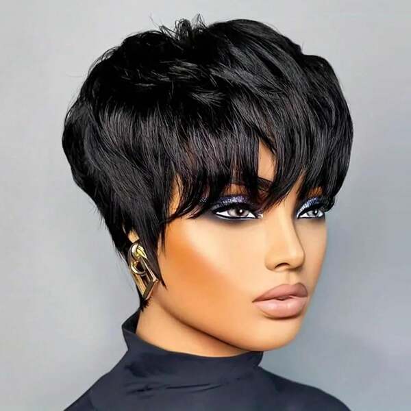 Perucas curtas para mulheres, cabelo humano, preto, corte pixie, peruca para cabelo humano, perucas curtas de cabelo humano para mulheres, peruca bobbi boss, perucas curtas pretas e retas para mulheres, cabelo humano, perucas pixie em camadas com franja, cabelo humano real, corte curto, peruca sem cola, peruca frontal de renda, peruca em camadas feita à máquina, peruca de substituição de cabelo para o dia dos namorados, uso diário