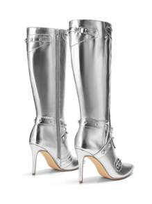 Women Punk Gothic Stiletto Heeled Knee-High Boots, Thigh High Pointed Toe Side Zipper Motorcycle Boots Sexy Party Prom Dress Boots With Rivets Tassels - 銀色 - 查看 7